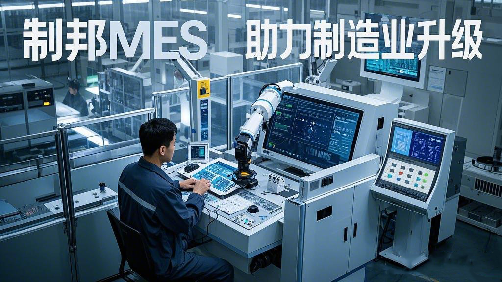 主題為 “制邦MES 助力制造業(yè)升級”。畫面呈現(xiàn)出一個現(xiàn)代化的智能工廠，車間里機(jī)械臂有序地工作，在工廠的中控室里，大屏幕上展示著生產(chǎn)數(shù)據(jù)和制邦MES的數(shù)據(jù)分析圖表，一位工程師正在通